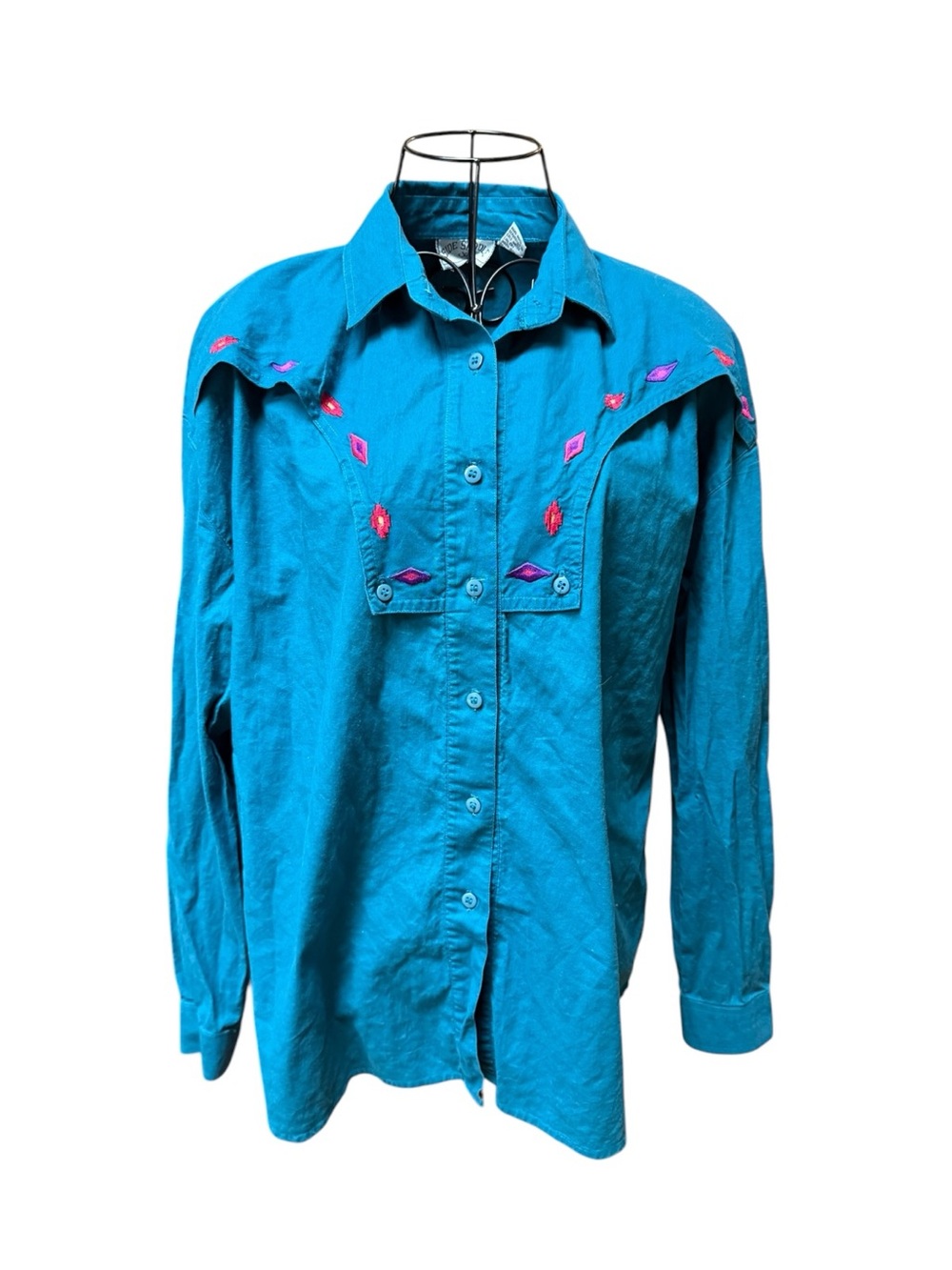 Side Saddle Cotton Turquoise Embroidered Western Bib Shirt - Medium